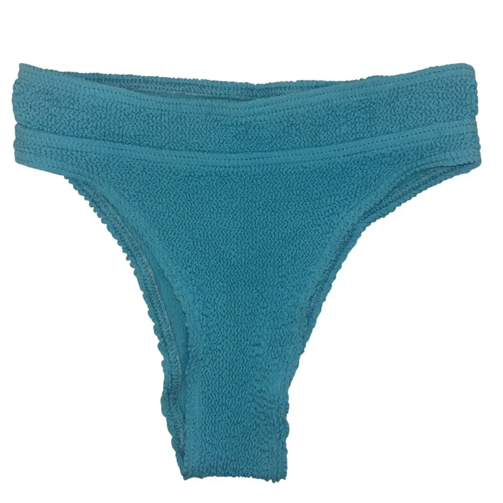 Blue Crinkle Textured High Leg Bikini Bottoms Smocked Swimwear Sz XS designer